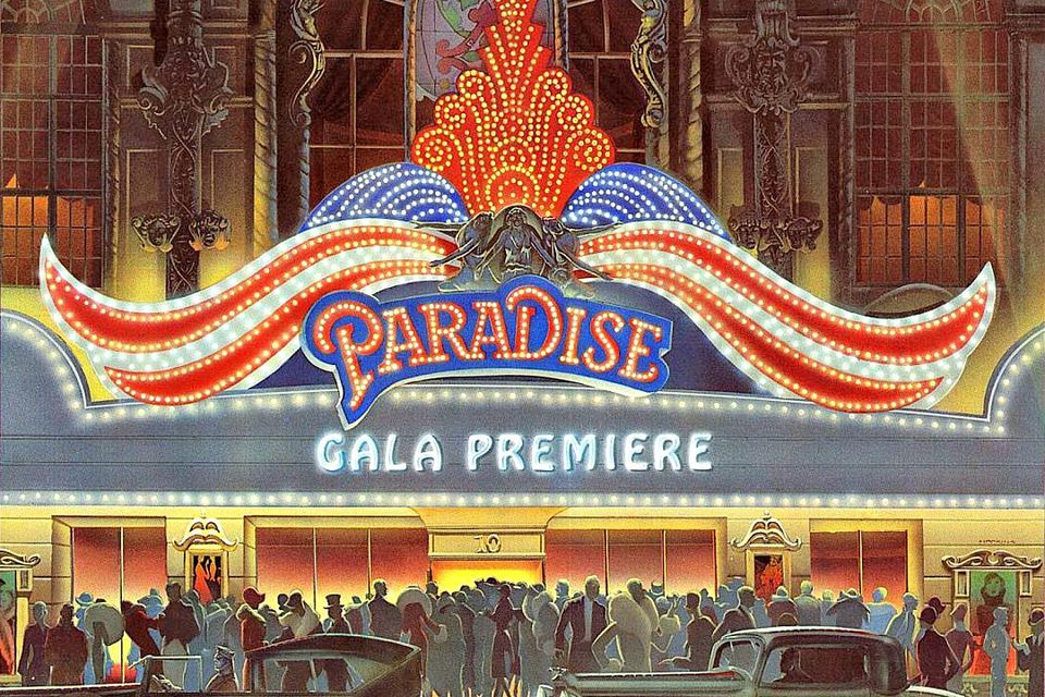 A busy scene in front of an art deco theater, the marquee reading "Paradise Gala Premiere"